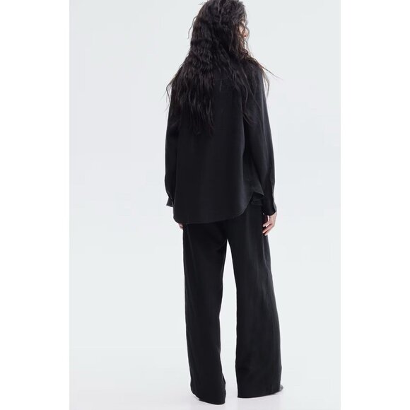 NEW! H&M Linen Blend Relaxed Pants High Waisted Black  SZ M - Picture 2 of 9